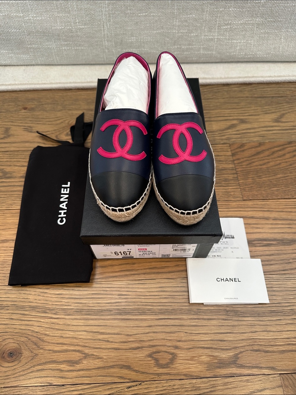 CHANEL Navy Leather Espadrilles with Pink CC Logo